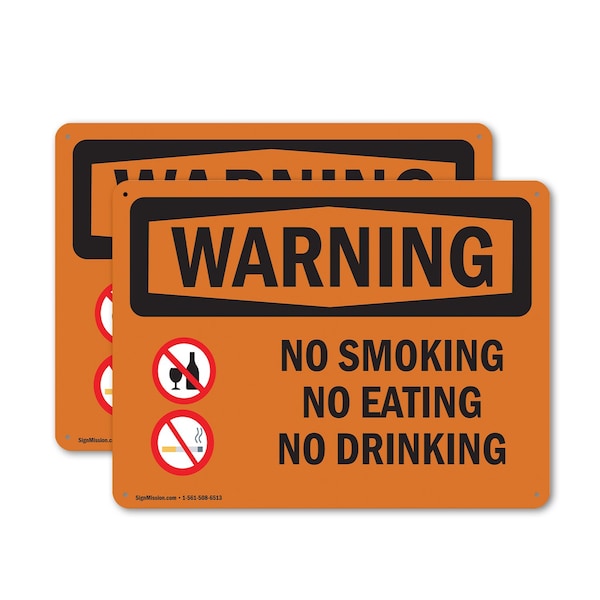 Signmission No Smoking No Eating No Drinking OSHA Warning Sign, Plastic, 10in W x 7in L, 2PK OS-2PACK-WS-P-710-L-12712 - main